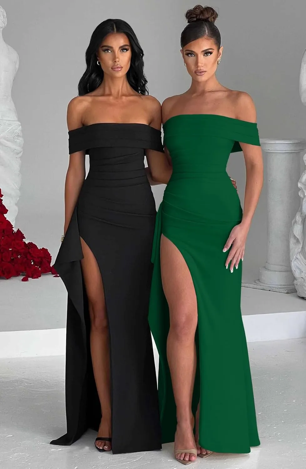 LAGSHIAN Women's Elegant Bodycon Off Shoulder Sleeveless High Split Ruched Long Formal Evening Dress