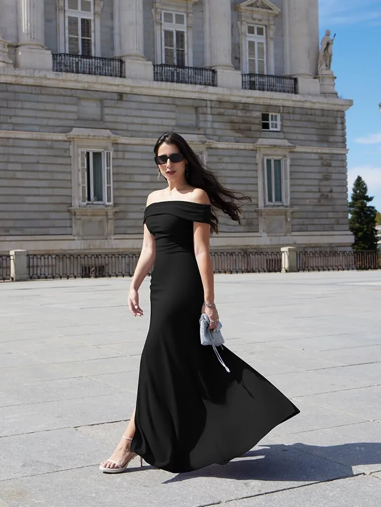 LAGSHIAN Women's Elegant Bodycon Off Shoulder Sleeveless High Split Ruched Long Formal Evening Dress