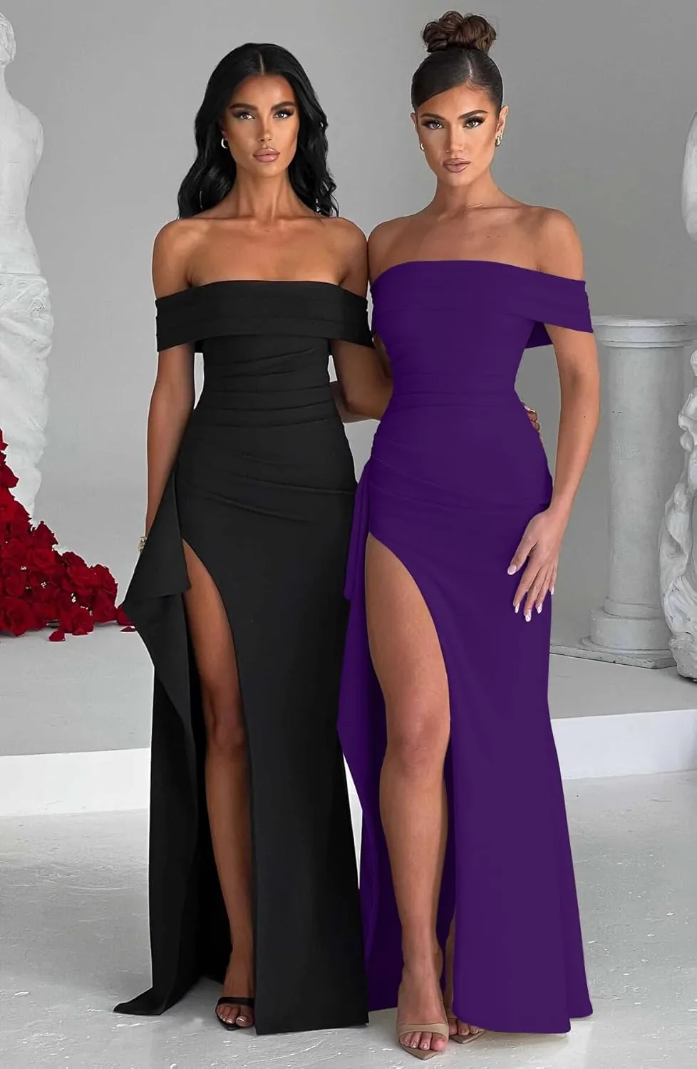 LAGSHIAN Women's Elegant Bodycon Off Shoulder Sleeveless High Split Ruched Long Formal Evening Dress