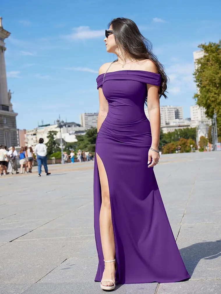 LAGSHIAN Women's Elegant Bodycon Off Shoulder Sleeveless High Split Ruched Long Formal Evening Dress