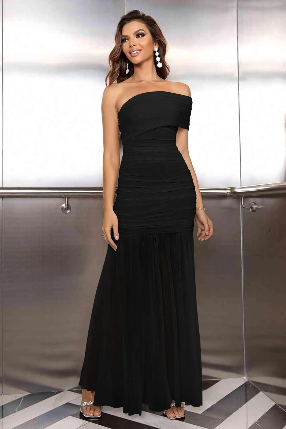LAGSHIAN Women's Elegant Formal Long Dress One Shoulder Sleeveless Ruched Bodycon Evening Dress
