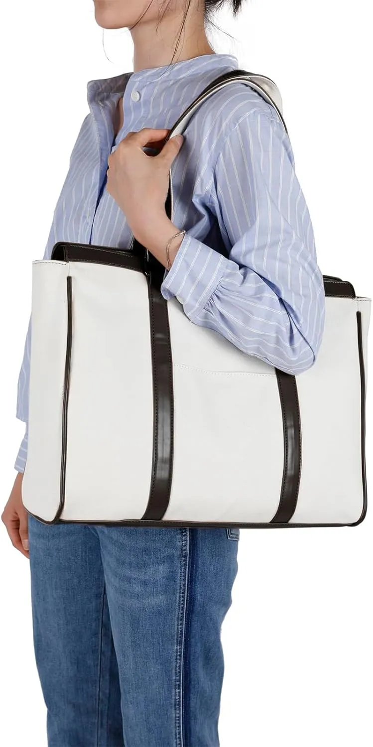 Laptop Bag 15.6 Inch with Zipper Pockets Canvas Work Tote Bags for Women Teacher Ladies