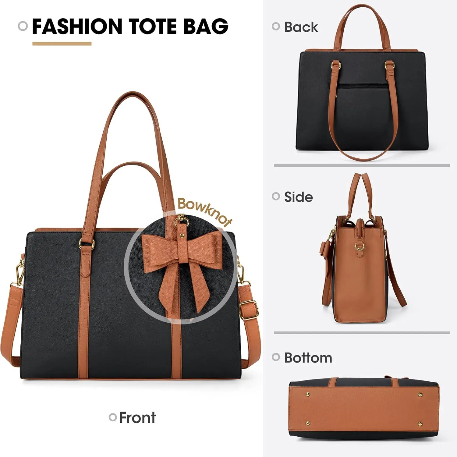 Laptop Bag for Women 15.6 inch Laptop Tote Bag Waterproof Leather Computer Bag Large Lightweight Briefcase Professional Business Office Work Bag, Black Brown