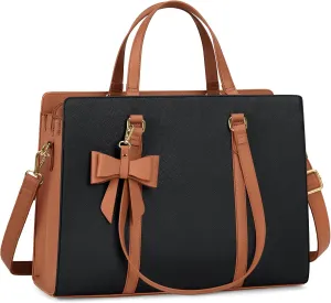Laptop Bag for Women 15.6 inch Laptop Tote Bag Waterproof Leather Computer Bag Large Lightweight Briefcase Professional Business Office Work Bag, Black Brown