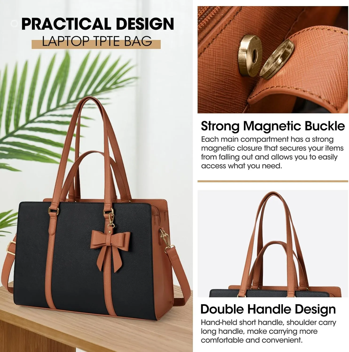 Laptop Bag for Women 15.6 inch Laptop Tote Bag Waterproof Leather Computer Bag Large Lightweight Briefcase Professional Business Office Work Bag, Black Brown