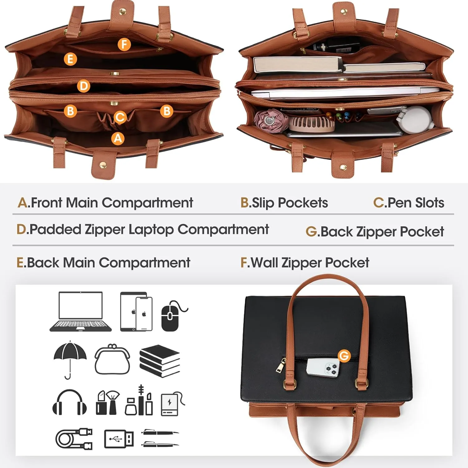 Laptop Bag for Women 15.6 inch Laptop Tote Bag Waterproof Leather Computer Bag Large Lightweight Briefcase Professional Business Office Work Bag, Black Brown
