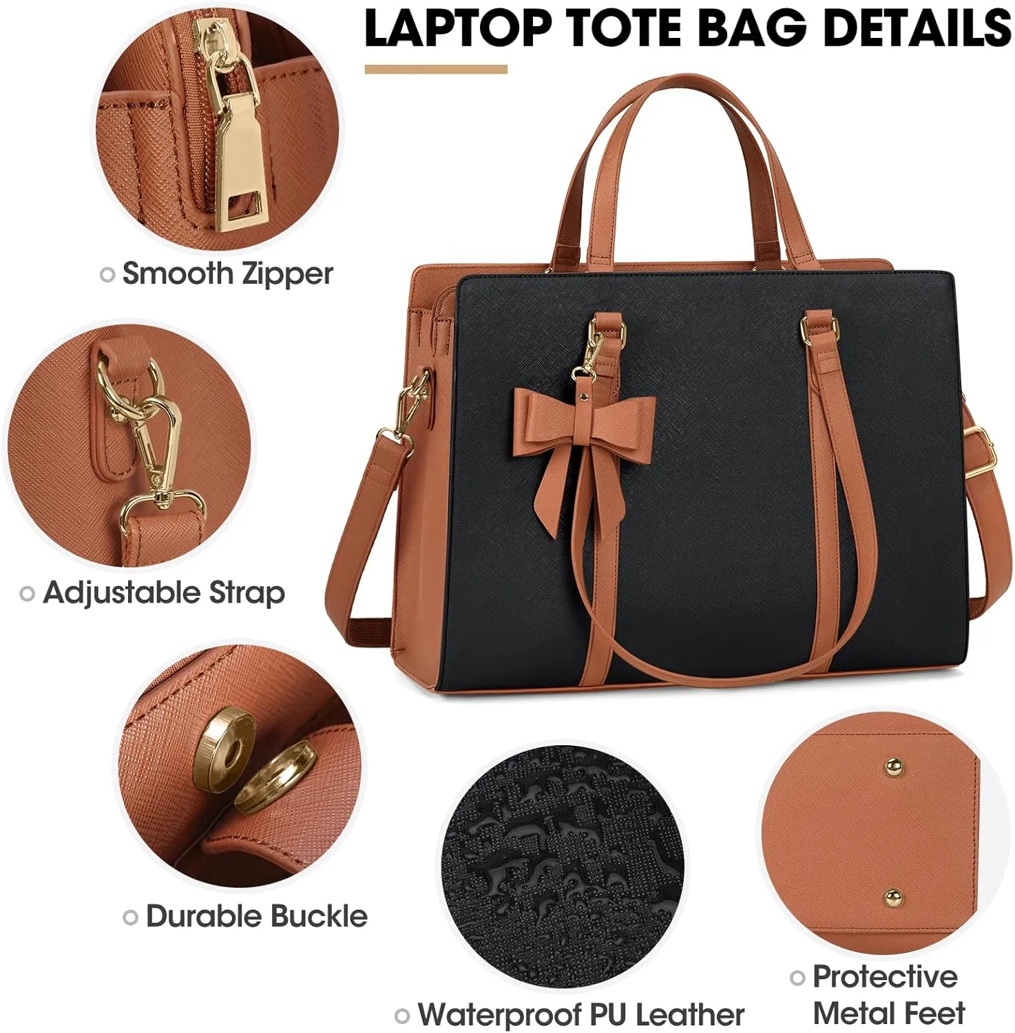 Laptop Bag for Women 15.6 inch Laptop Tote Bag Waterproof Leather Computer Bag Large Lightweight Briefcase Professional Business Office Work Bag, Black Brown