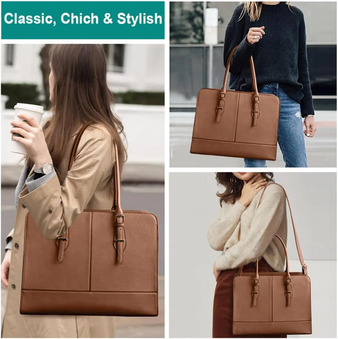 Laptop Bag for Women Leather Work Tote 15.6 Inch Laptop for Computer Bag Waterproof Business Office Professional Large Capacity Handbag Shoulder Bag
