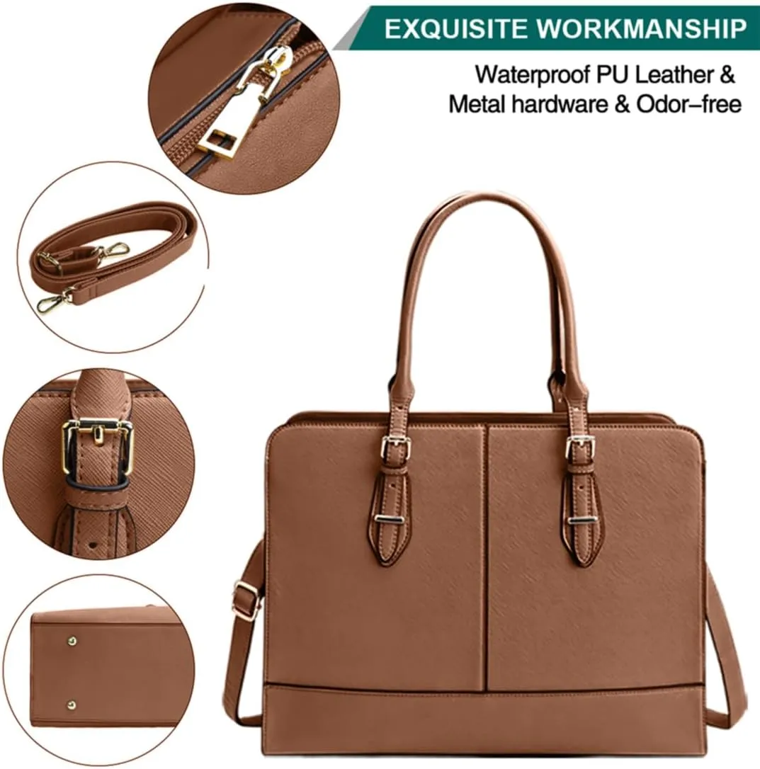 Laptop Bag for Women Leather Work Tote 15.6 Inch Laptop for Computer Bag Waterproof Business Office Professional Large Capacity Handbag Shoulder Bag