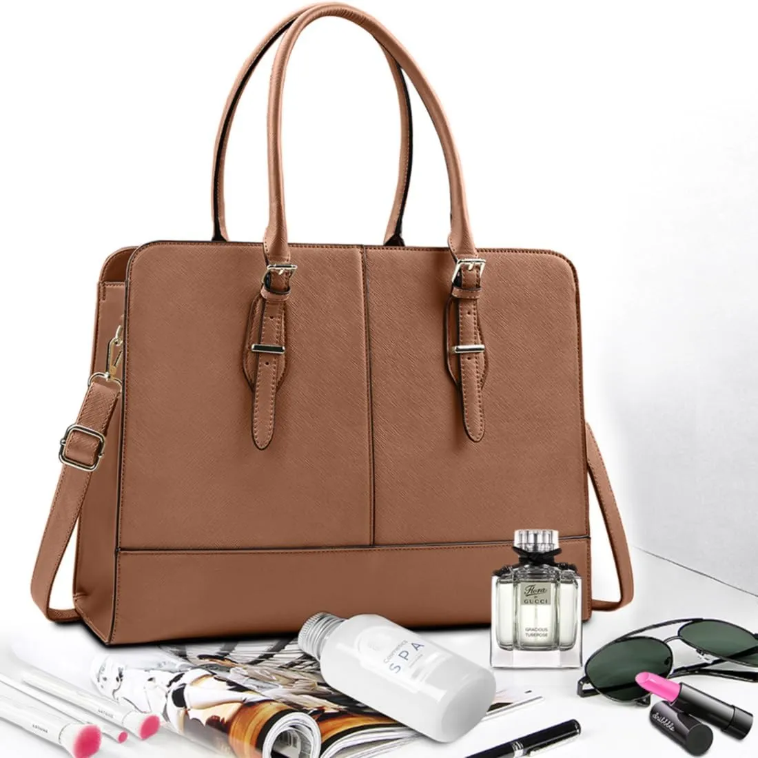 Laptop Bag for Women Leather Work Tote 15.6 Inch Laptop for Computer Bag Waterproof Business Office Professional Large Capacity Handbag Shoulder Bag