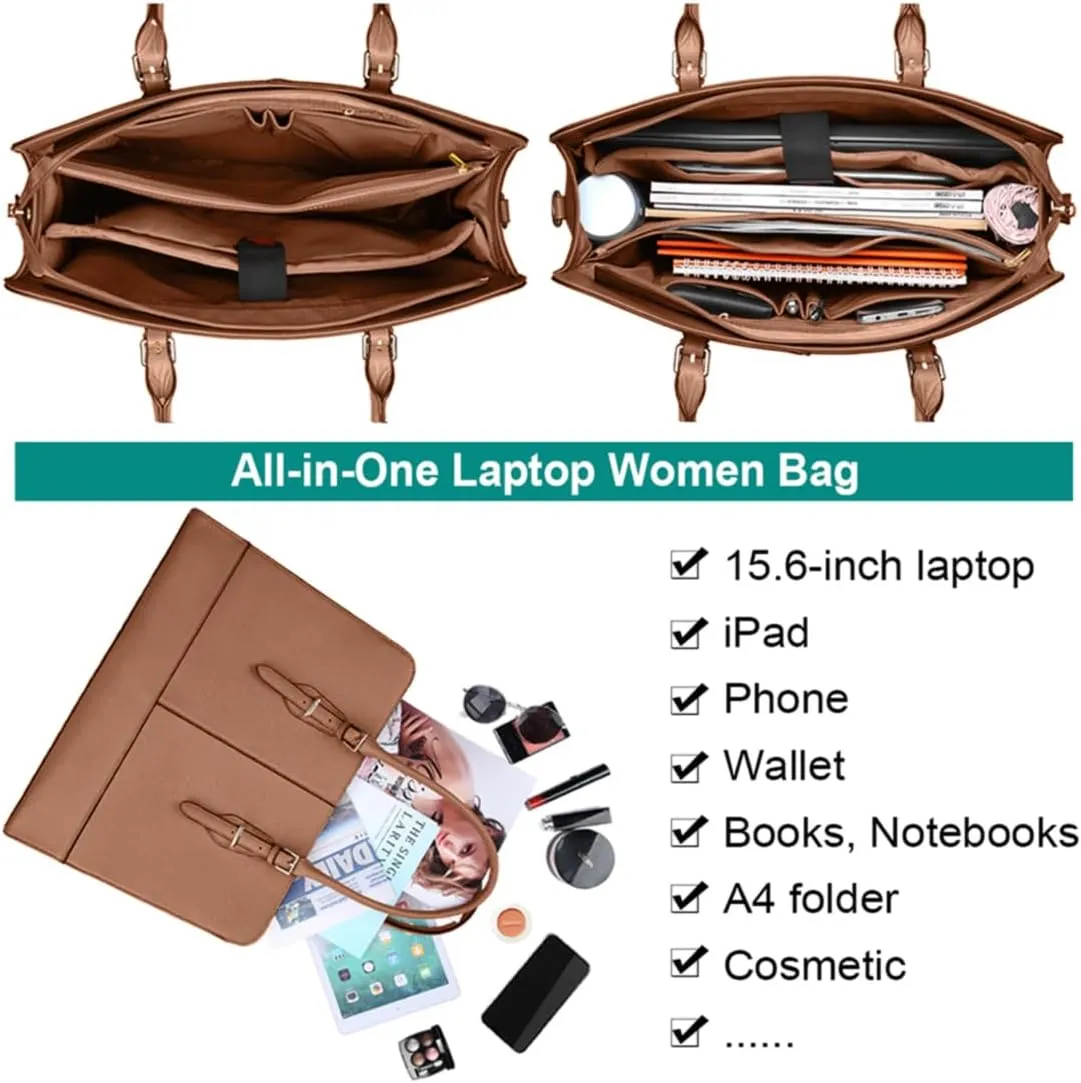 Laptop Bag for Women Leather Work Tote 15.6 Inch Laptop for Computer Bag Waterproof Business Office Professional Large Capacity Handbag Shoulder Bag