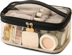Large Clear Makeup Bag Big Cosmetic Bags Waterproof Toiletry Orangizer with Handle Transparent Toiletries Case Travel Pouch for Women Girls Daily Beauty Purse Essentials Skincare Bag Black