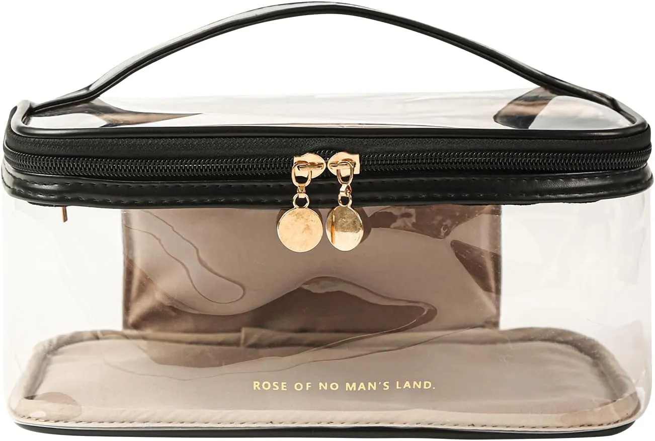 Large Clear Makeup Bag Big Cosmetic Bags Waterproof Toiletry Orangizer with Handle Transparent Toiletries Case Travel Pouch for Women Girls Daily Beauty Purse Essentials Skincare Bag Black