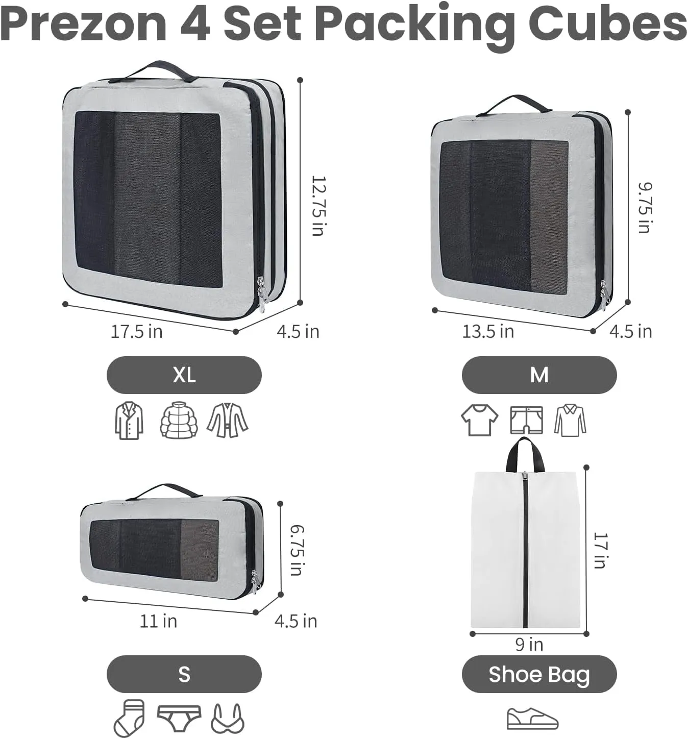 Large Compression Packing Cubes, Full Open Visible Design， Expandable Packing Organizer with Travel Shoe Bag for Suitcase & Backpack, 4 Set Lightweight Travel Bags for Vacation & Camping