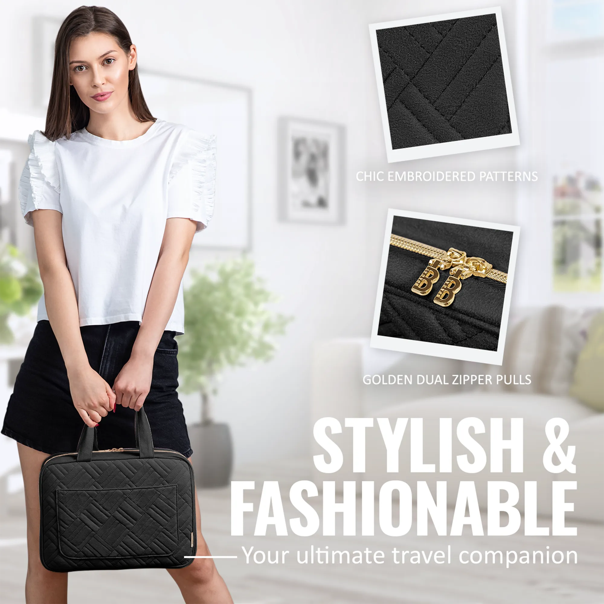 Large Foldable Hanging Toiletry Bag - Panther Black (Beige Interior)