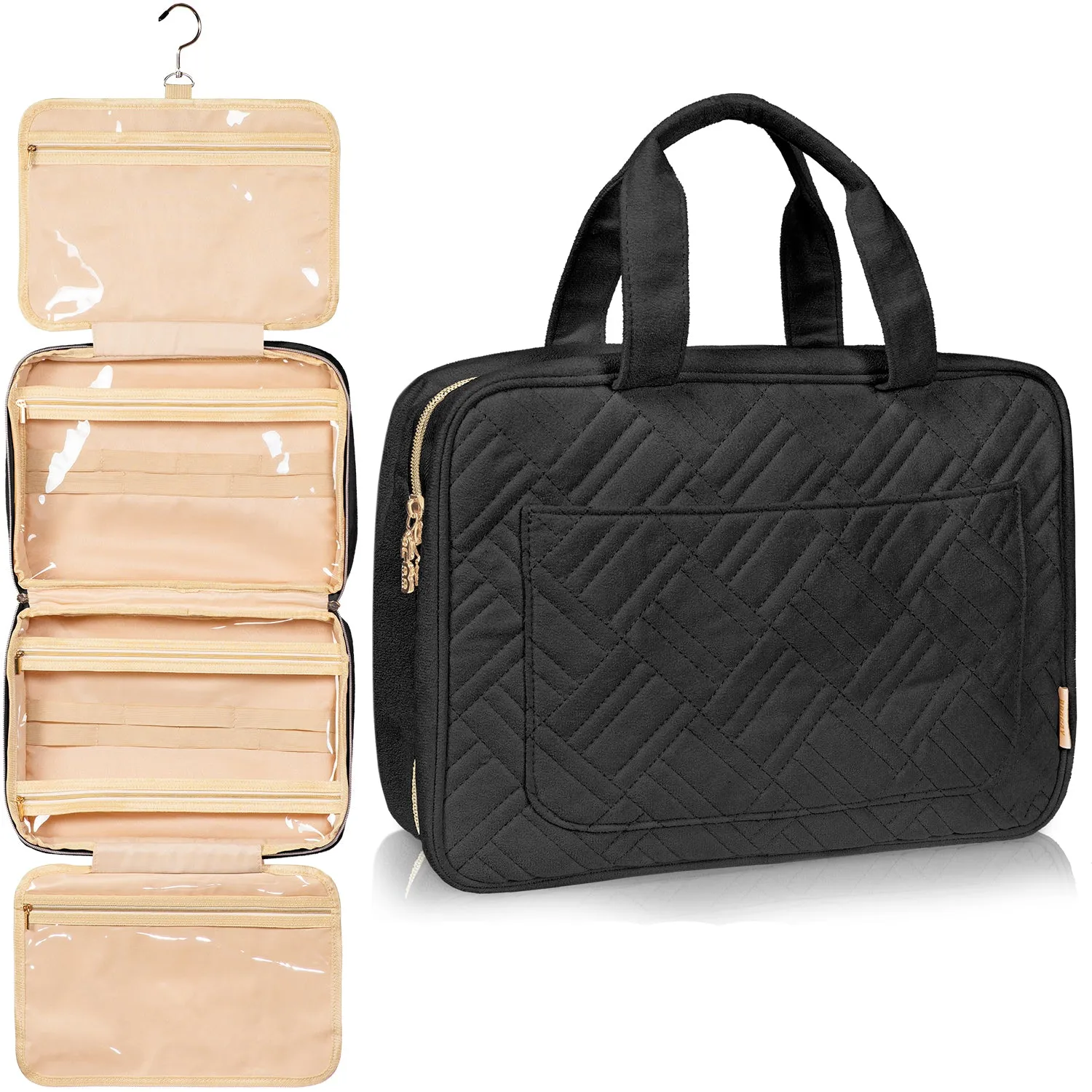 Large Foldable Hanging Toiletry Bag - Panther Black (Beige Interior)