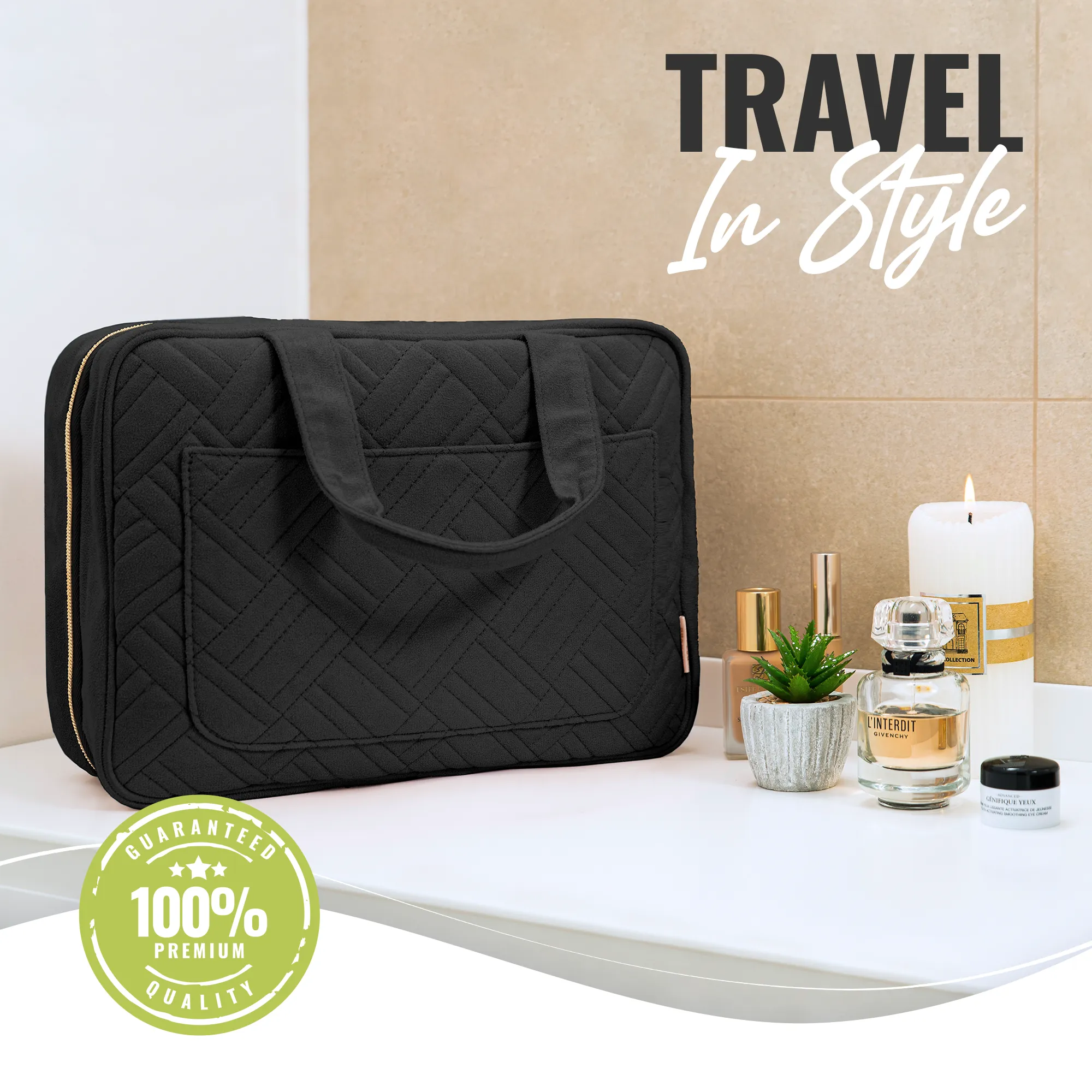 Large Foldable Hanging Toiletry Bag - Panther Black (Beige Interior)