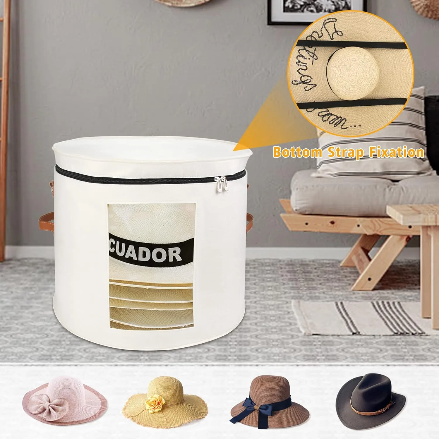 Large Hat Storage Box for Women & Men, 19" D x 17" H Oversized Hat Box Organizer，Foldable Round Travel Hat Boxes with Dustproof Lid, Stuffed Toy Storage Bin Bag (Off-white)