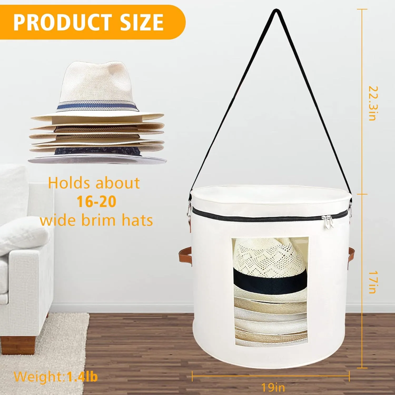 Large Hat Storage Box for Women & Men, 19" D x 17" H Oversized Hat Box Organizer，Foldable Round Travel Hat Boxes with Dustproof Lid, Stuffed Toy Storage Bin Bag (Off-white)