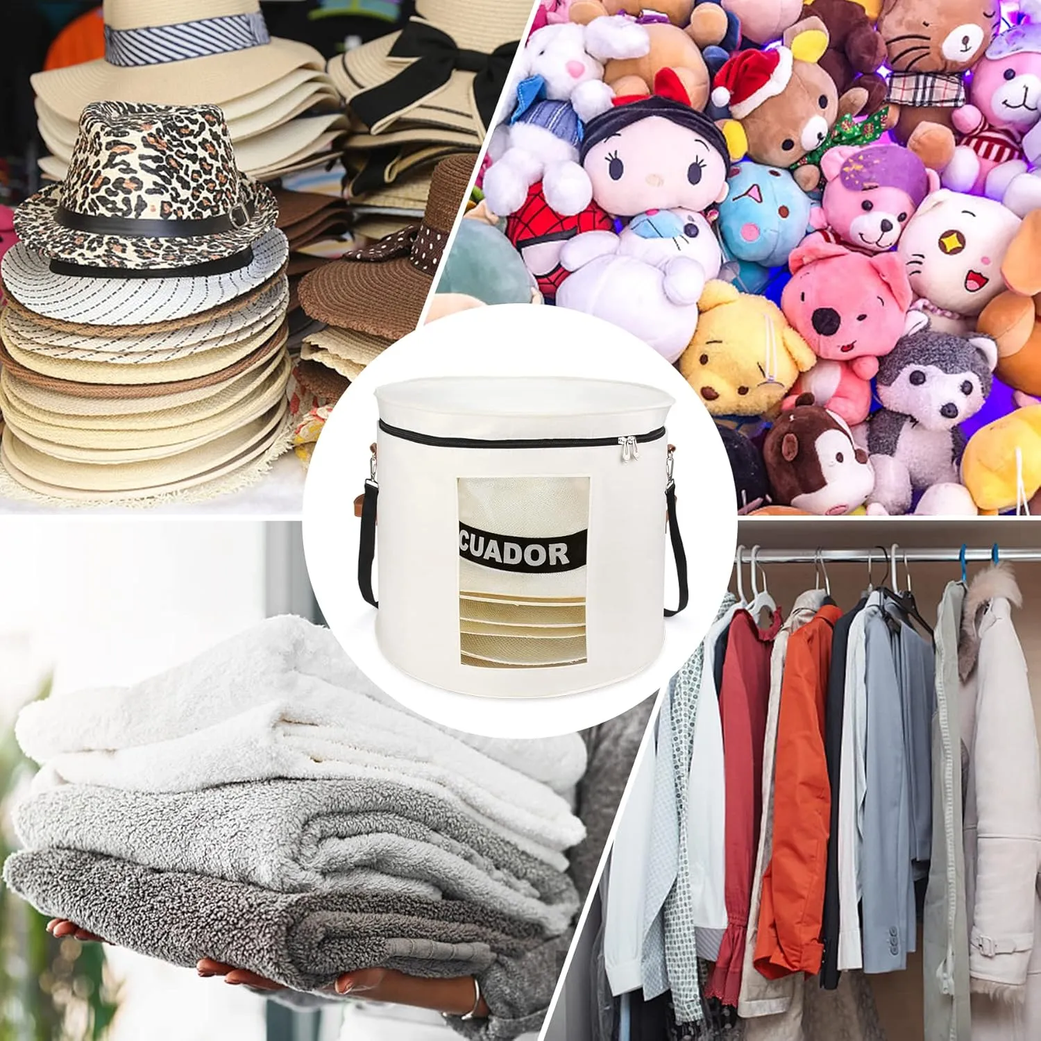Large Hat Storage Box for Women & Men, 19" D x 17" H Oversized Hat Box Organizer，Foldable Round Travel Hat Boxes with Dustproof Lid, Stuffed Toy Storage Bin Bag (Off-white)