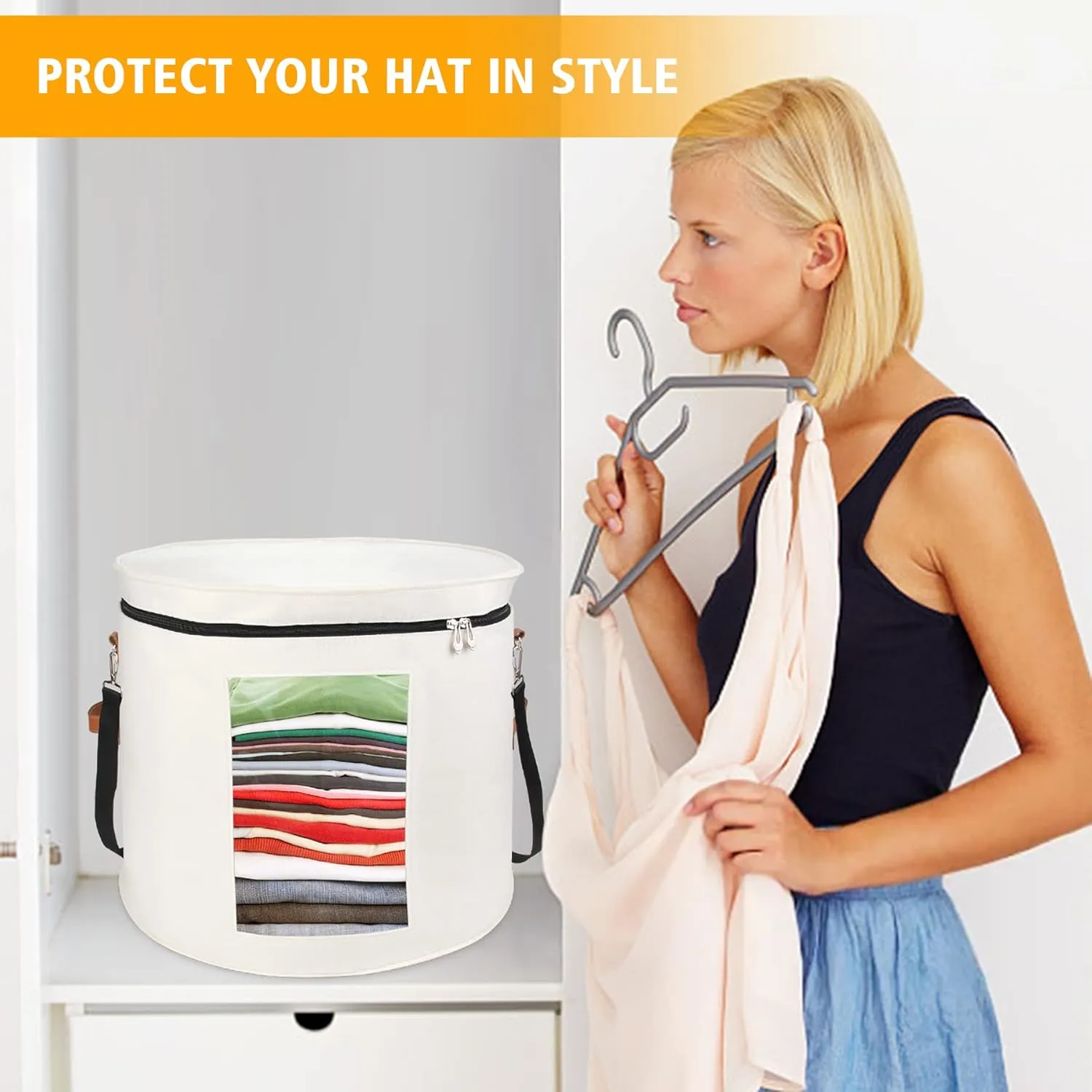Large Hat Storage Box for Women & Men, 19" D x 17" H Oversized Hat Box Organizer，Foldable Round Travel Hat Boxes with Dustproof Lid, Stuffed Toy Storage Bin Bag (Off-white)