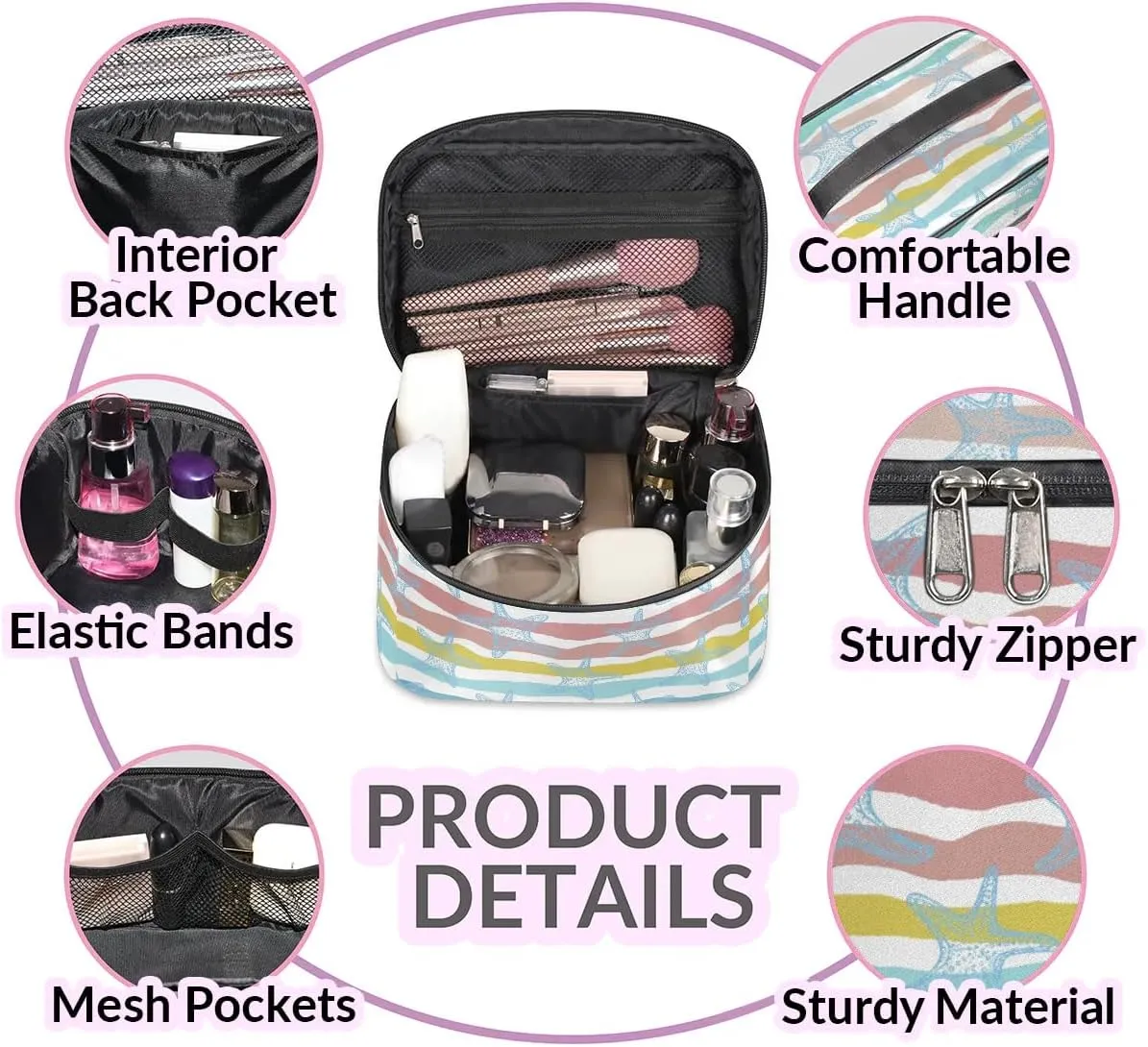 Large Makeup Bag Travel Cosmetic Bags for Women Teal Blue Cute Stripe Nautical Starfish Makeup Organizer Case Toiletry Bag for Girls Traveling Wide Open Portable Pouch with Handle