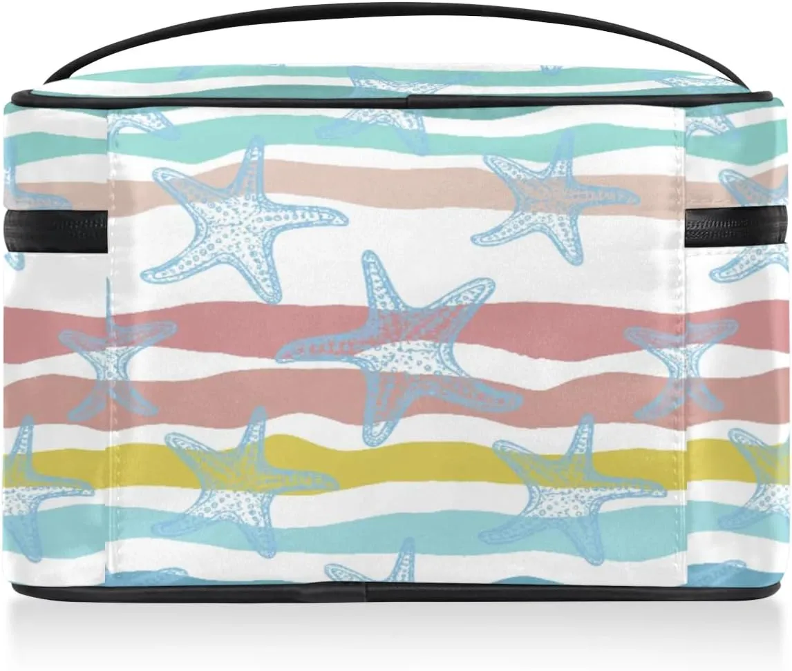 Large Makeup Bag Travel Cosmetic Bags for Women Teal Blue Cute Stripe Nautical Starfish Makeup Organizer Case Toiletry Bag for Girls Traveling Wide Open Portable Pouch with Handle