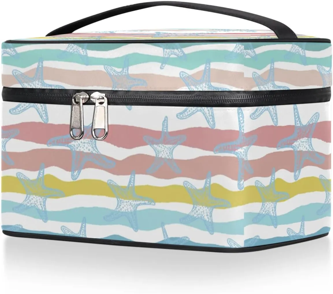 Large Makeup Bag Travel Cosmetic Bags for Women Teal Blue Cute Stripe Nautical Starfish Makeup Organizer Case Toiletry Bag for Girls Traveling Wide Open Portable Pouch with Handle