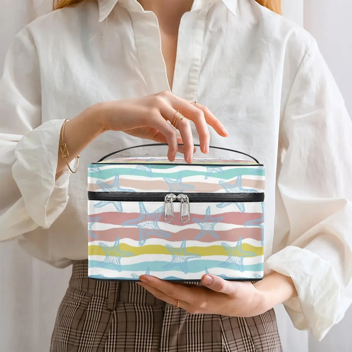 Large Makeup Bag Travel Cosmetic Bags for Women Teal Blue Cute Stripe Nautical Starfish Makeup Organizer Case Toiletry Bag for Girls Traveling Wide Open Portable Pouch with Handle