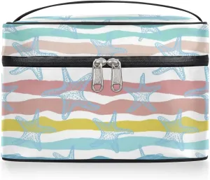 Large Makeup Bag Travel Cosmetic Bags for Women Teal Blue Cute Stripe Nautical Starfish Makeup Organizer Case Toiletry Bag for Girls Traveling Wide Open Portable Pouch with Handle