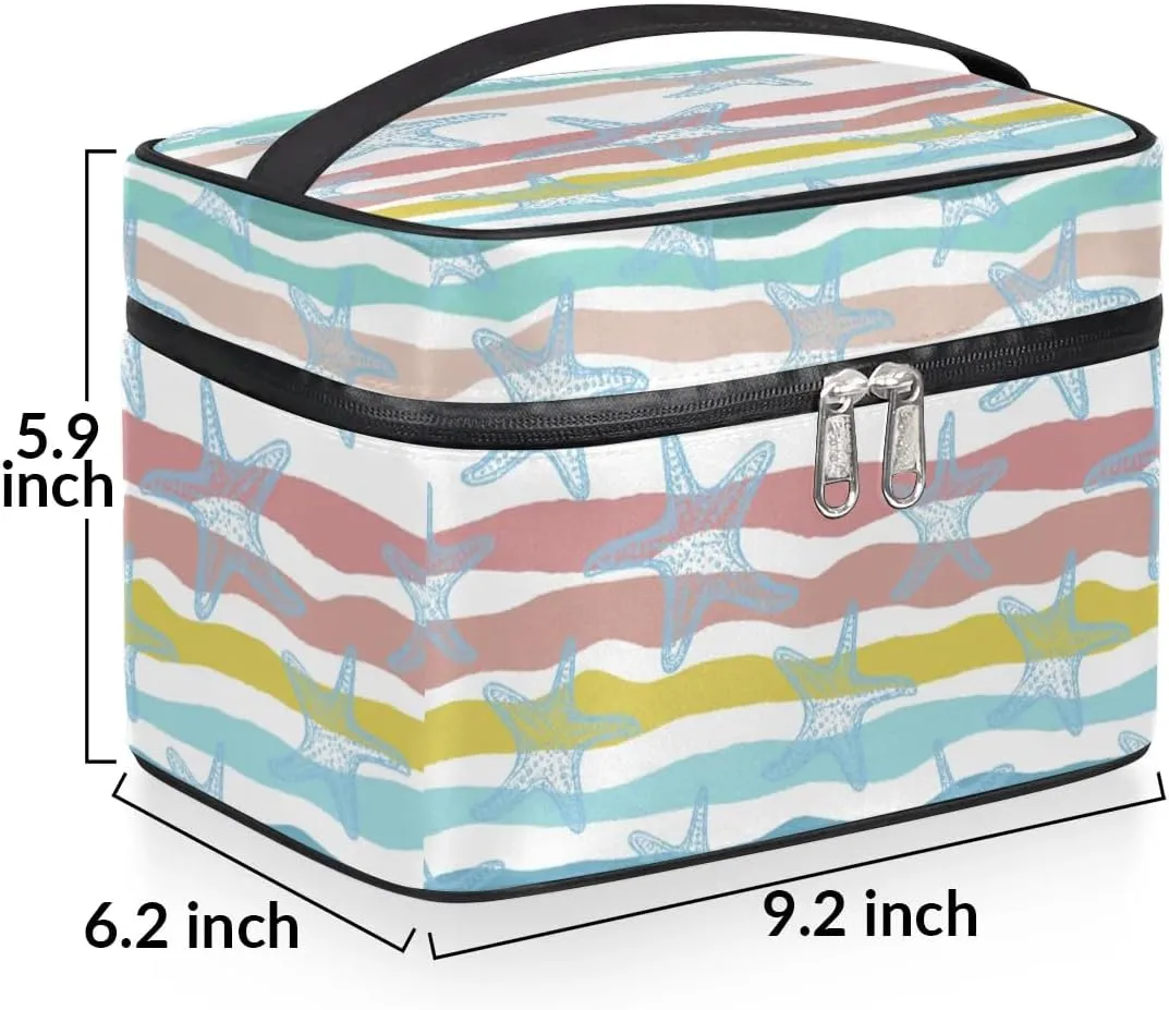 Large Makeup Bag Travel Cosmetic Bags for Women Teal Blue Cute Stripe Nautical Starfish Makeup Organizer Case Toiletry Bag for Girls Traveling Wide Open Portable Pouch with Handle