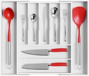 Large Premium Bamboo Silverware Organizer - Expandable Drawer Organizer & Utensil Organizer - 17"x19.7" Cutlery Tray with Dividers for Kitchen Utensils and Flatware (7-9 Slots) (White)