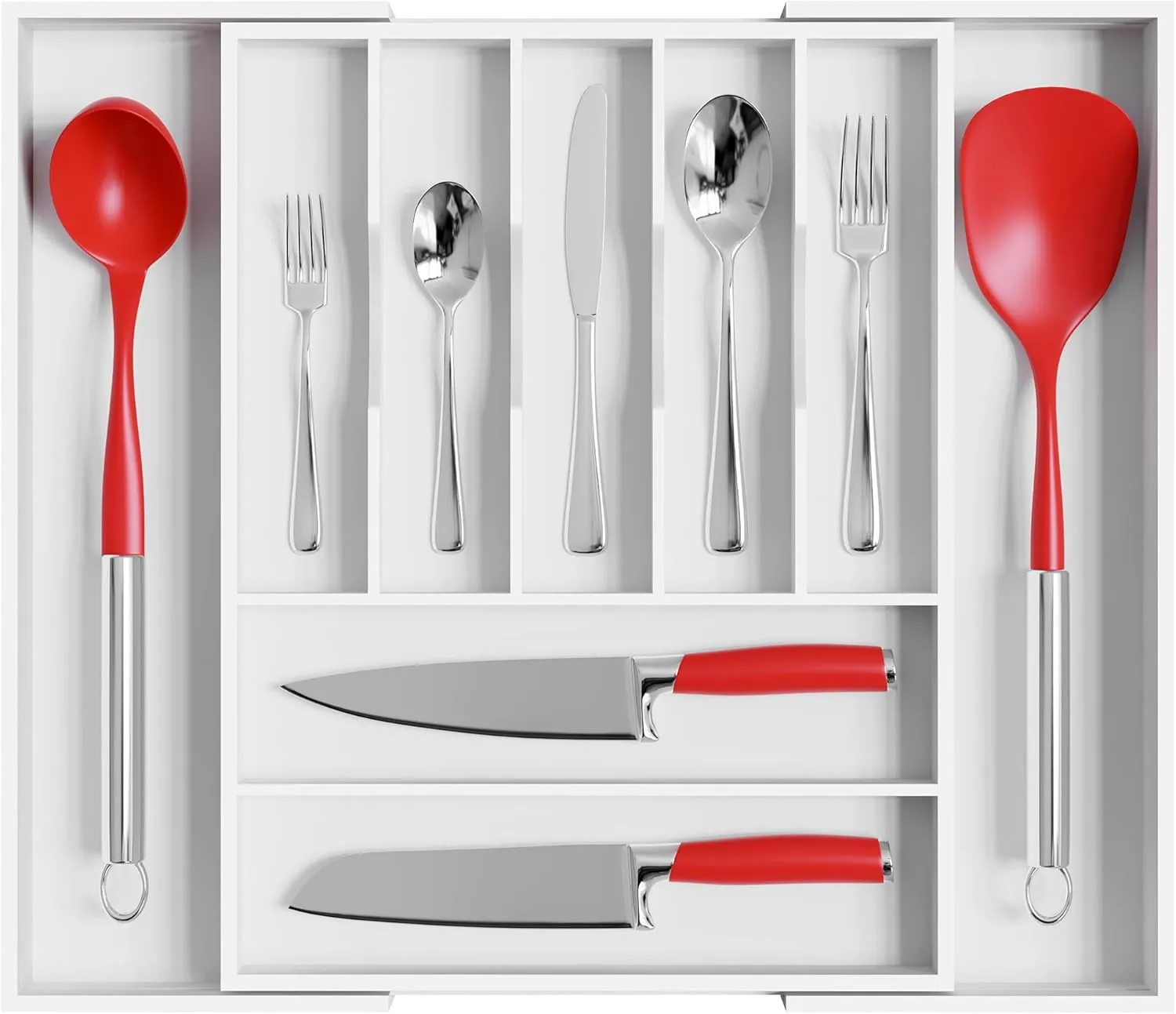 Large Premium Bamboo Silverware Organizer - Expandable Drawer Organizer & Utensil Organizer - 17"x19.7" Cutlery Tray with Dividers for Kitchen Utensils and Flatware (7-9 Slots) (White)