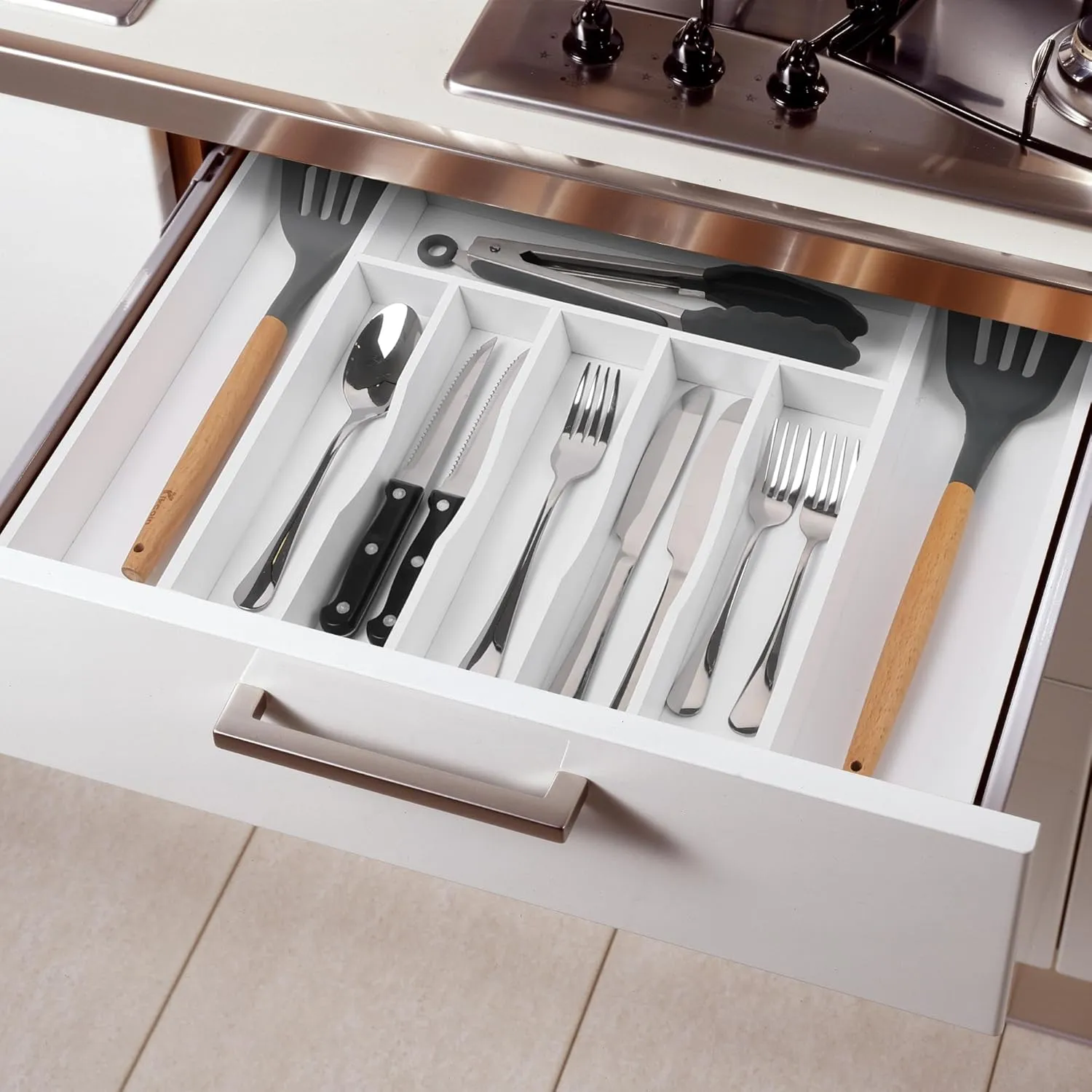 Large Premium Bamboo Silverware Organizer - Expandable Drawer Organizer & Utensil Organizer - 17"x19.7" Cutlery Tray with Dividers for Kitchen Utensils and Flatware (7-9 Slots) (White)