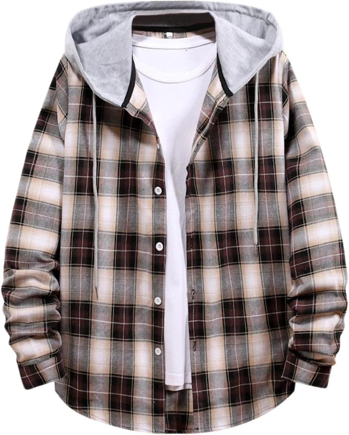 LCMTWX Men's Cotton Plaid Shirts Jacket Hooded Collar Long Sleeve Shirt Blouse Men Plus Size Big&Tall Mens Coat Long Sleeve