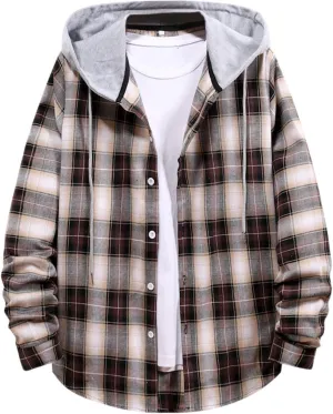 LCMTWX Men's Cotton Plaid Shirts Jacket Hooded Collar Long Sleeve Shirt Blouse Men Plus Size Big&Tall Mens Coat Long Sleeve
