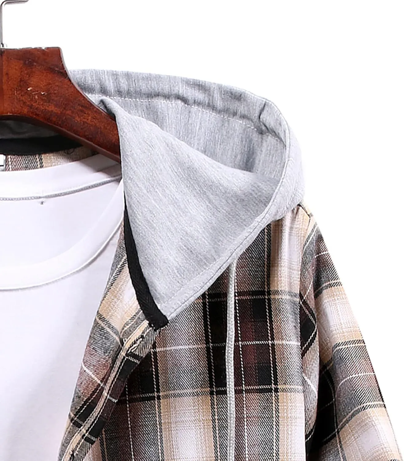 LCMTWX Men's Cotton Plaid Shirts Jacket Hooded Collar Long Sleeve Shirt Blouse Men Plus Size Big&Tall Mens Coat Long Sleeve