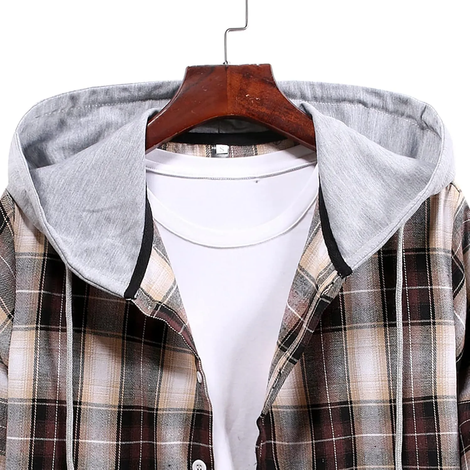 LCMTWX Men's Cotton Plaid Shirts Jacket Hooded Collar Long Sleeve Shirt Blouse Men Plus Size Big&Tall Mens Coat Long Sleeve