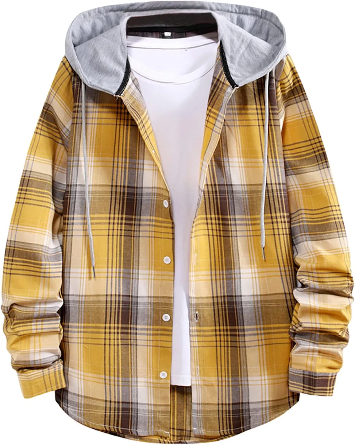 LCMTWX Men's Cotton Plaid Shirts Jacket Hooded Collar Long Sleeve Shirt Blouse Men Plus Size Big&Tall Mens Coat Long Sleeve