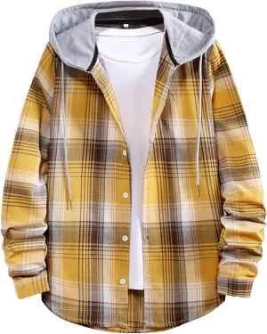 LCMTWX Men's Cotton Plaid Shirts Jacket Hooded Collar Long Sleeve Shirt Blouse Men Plus Size Big&Tall Mens Coat Long Sleeve