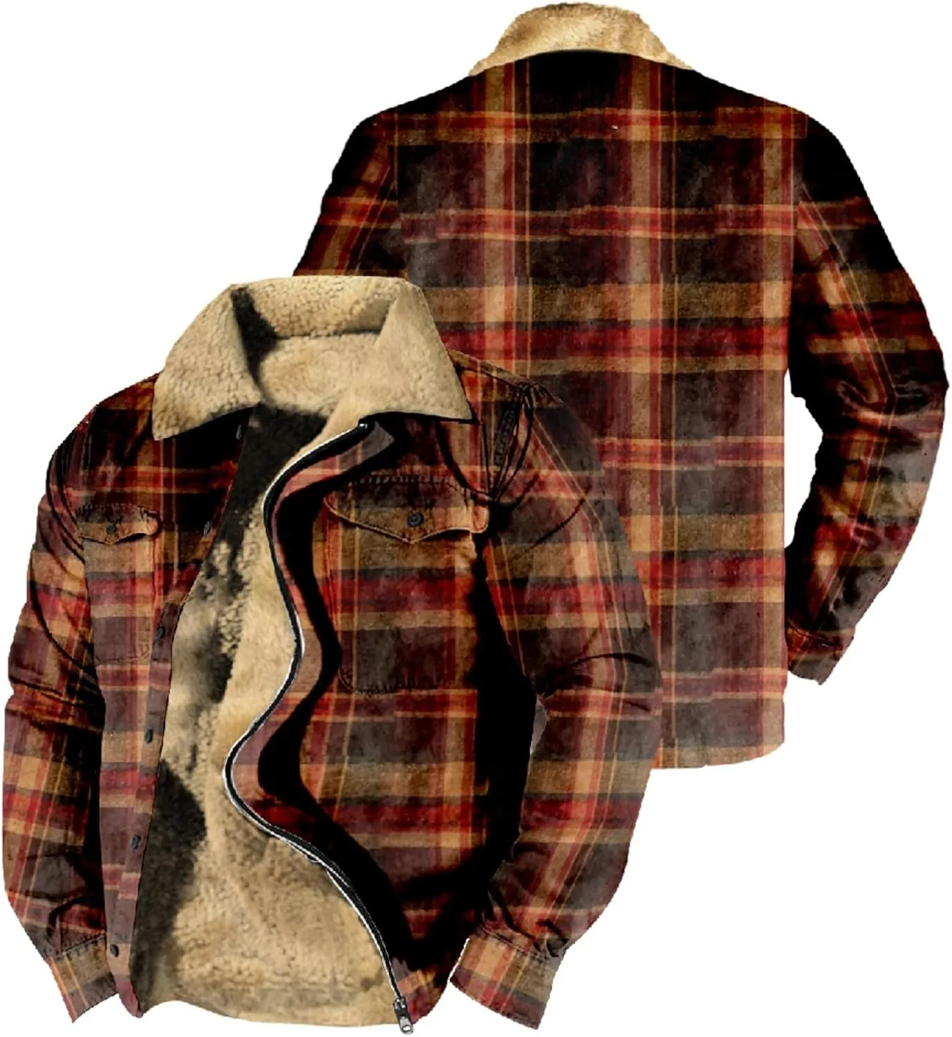 LCMTWX Men's Flannel Jackets Plaid Pocket Hooded Padded Loose Shirt Top Jacket Coats Lined Hooded Plaid Shirt Jacket Fleece