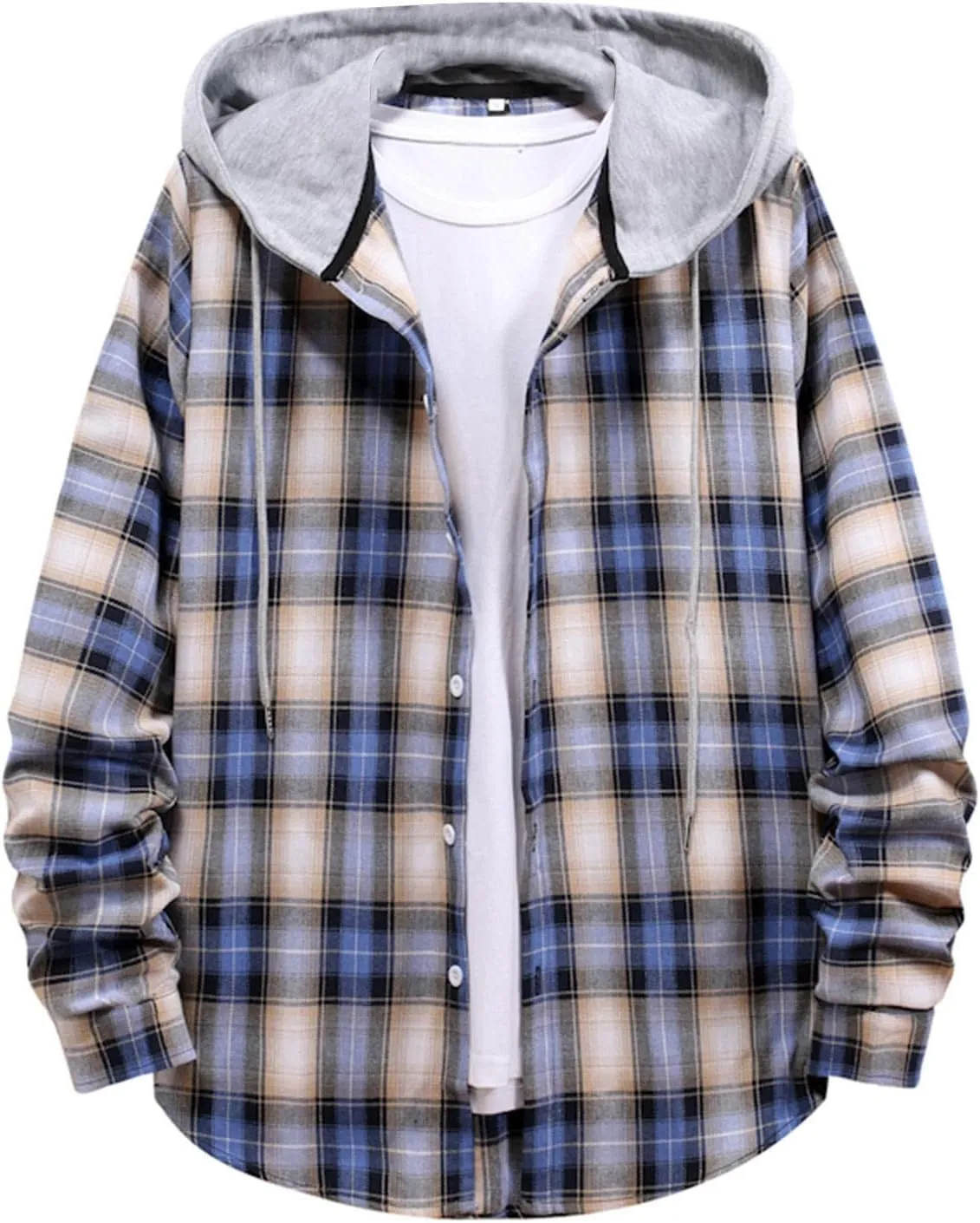LCMTWX Men's Fleece Flannel Jackets Hooded Collar Long Sleeve Shirt Blouse Long Sleeve Button Up Fleece Plaid Shirts Coat