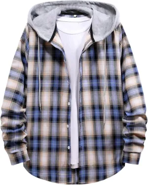 LCMTWX Men's Fleece Flannel Jackets Hooded Collar Long Sleeve Shirt Blouse Long Sleeve Button Up Fleece Plaid Shirts Coat