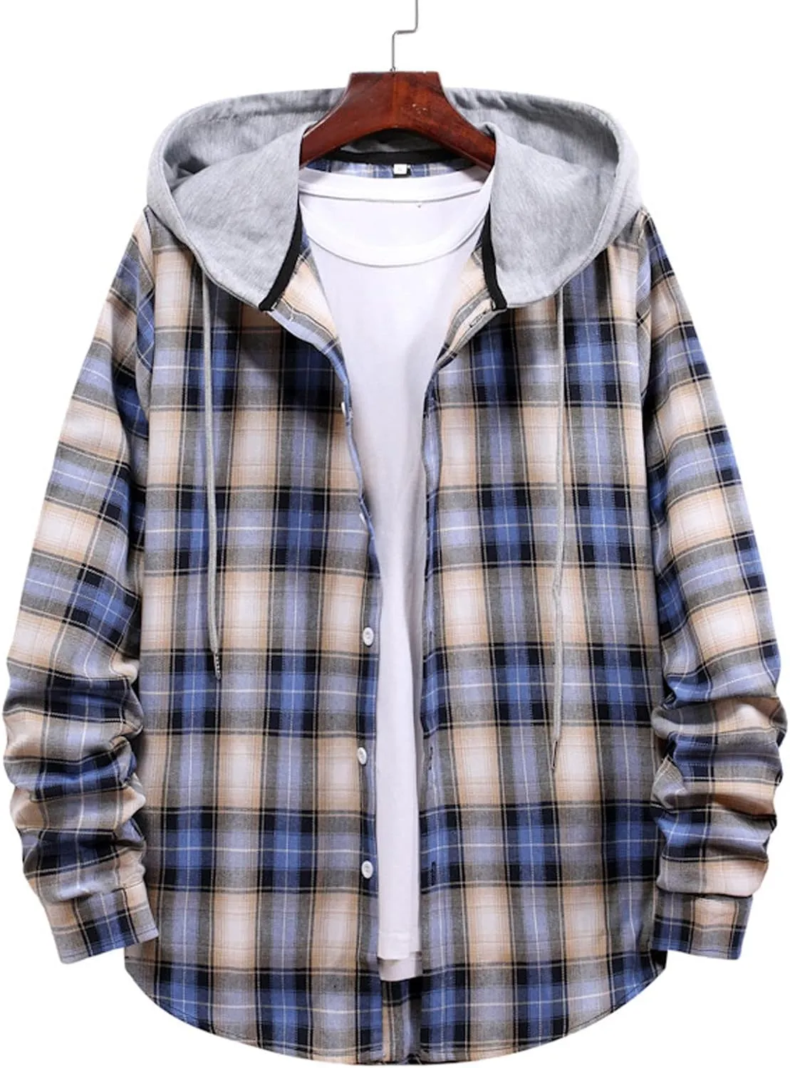 LCMTWX Men's Fleece Flannel Jackets Hooded Collar Long Sleeve Shirt Blouse Long Sleeve Button Up Fleece Plaid Shirts Coat