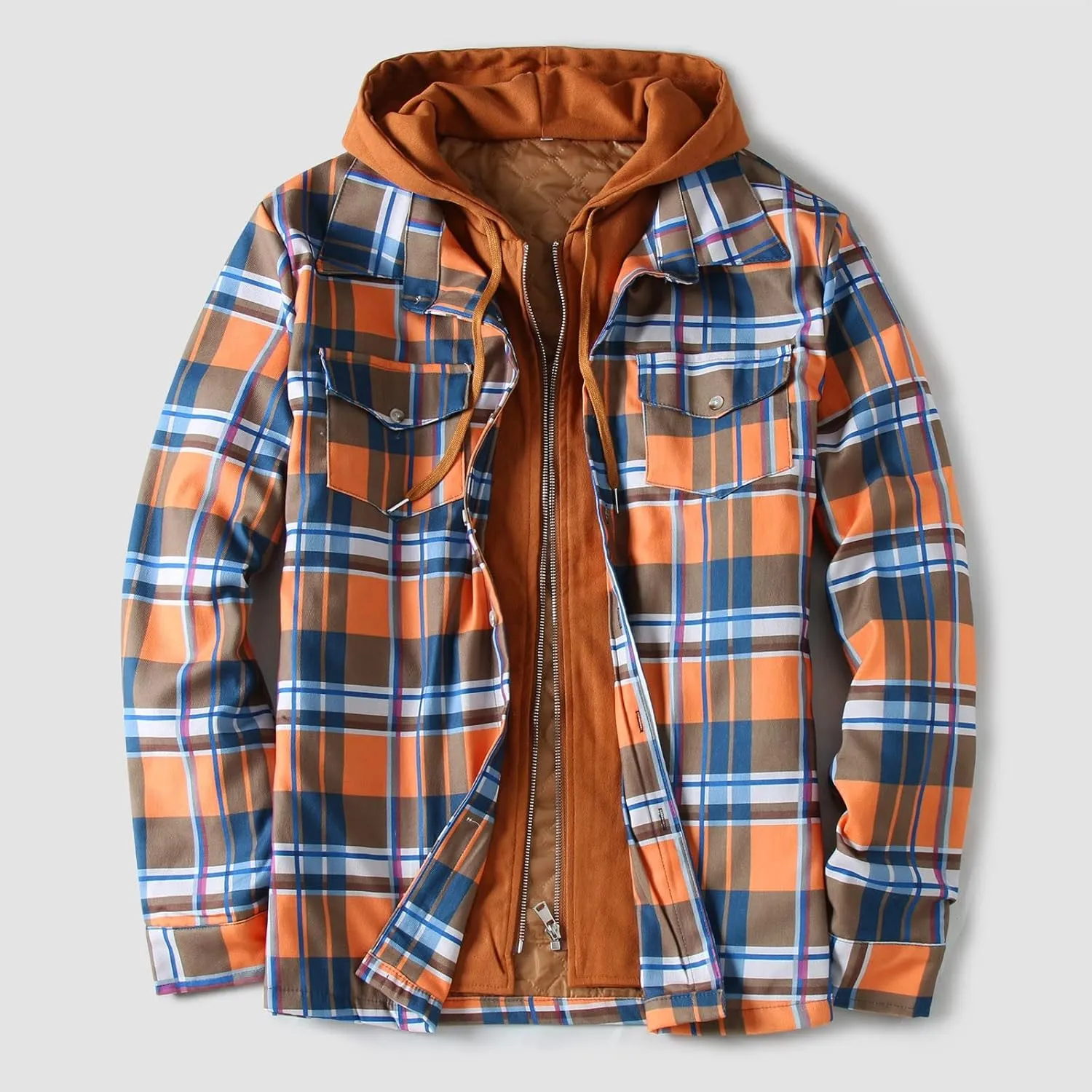 LCMTWX Winter Coat Men Plaid Winter Stripe Print Hooded Zipper Pocket Long Sleeve Shirt Men Plus Size Big&Tall Mens Coat