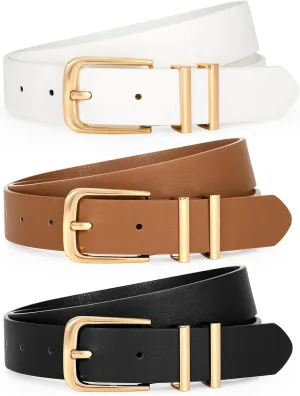 LEACOOLKEY 3 Pack Women's Leather Belts for Jeans Dress Pants Fashion Ladies Leather Belts with Gold/Sliver Buckle