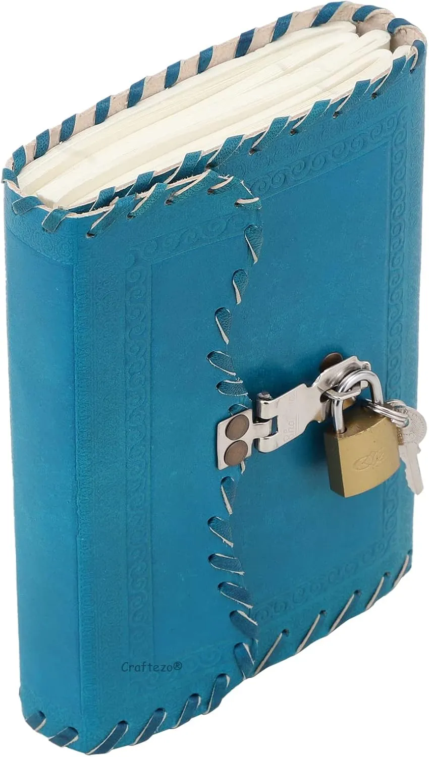 Leather Journal with lock and key, Writing Pad Blank Notebook Handmade Notepad Men & Women Unlined Paper Best Present Art Sketchbook Travel Diary To Write Book Of Shadow (SKY BLUE)