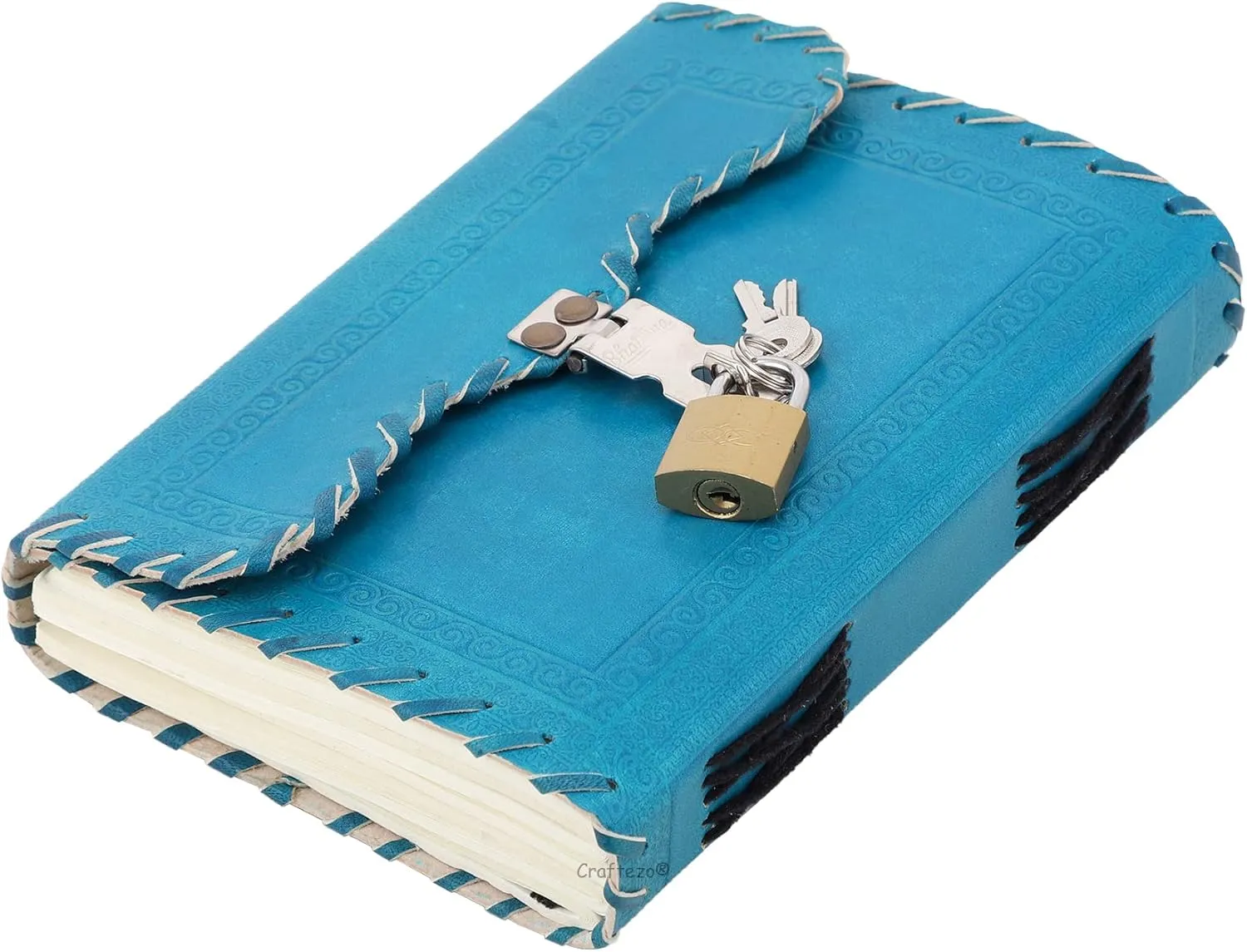 Leather Journal with lock and key, Writing Pad Blank Notebook Handmade Notepad Men & Women Unlined Paper Best Present Art Sketchbook Travel Diary To Write Book Of Shadow (SKY BLUE)