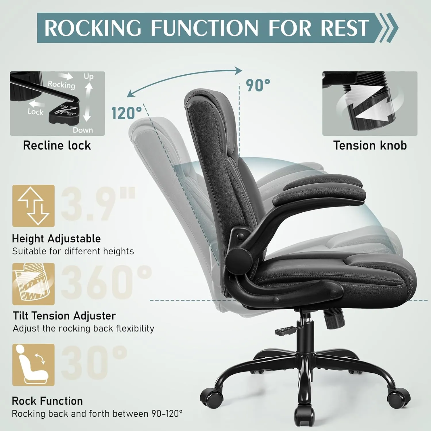 Leather Office Chair, PU Home Computer Desk Chairs with Ergonomic Back Support, 360°Swivel Free，Small Gmaing Chair with Wheels and Adjustable Armrests, for Short People Use, Black