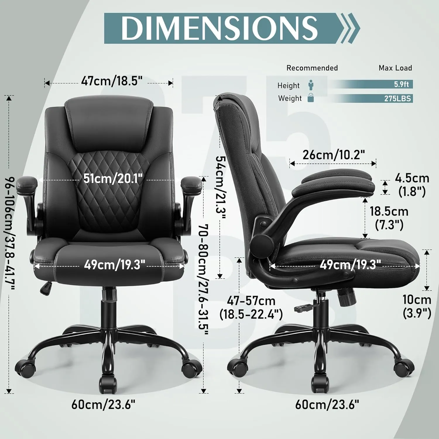 Leather Office Chair, PU Home Computer Desk Chairs with Ergonomic Back Support, 360°Swivel Free，Small Gmaing Chair with Wheels and Adjustable Armrests, for Short People Use, Black